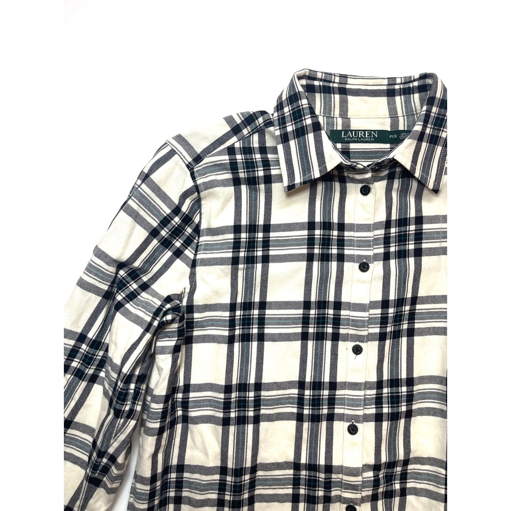 Lauren Ralph Lauren Womens Petite XS Plaid Cotton Button Down Shirt Cream Navy - Picture 8 of 13